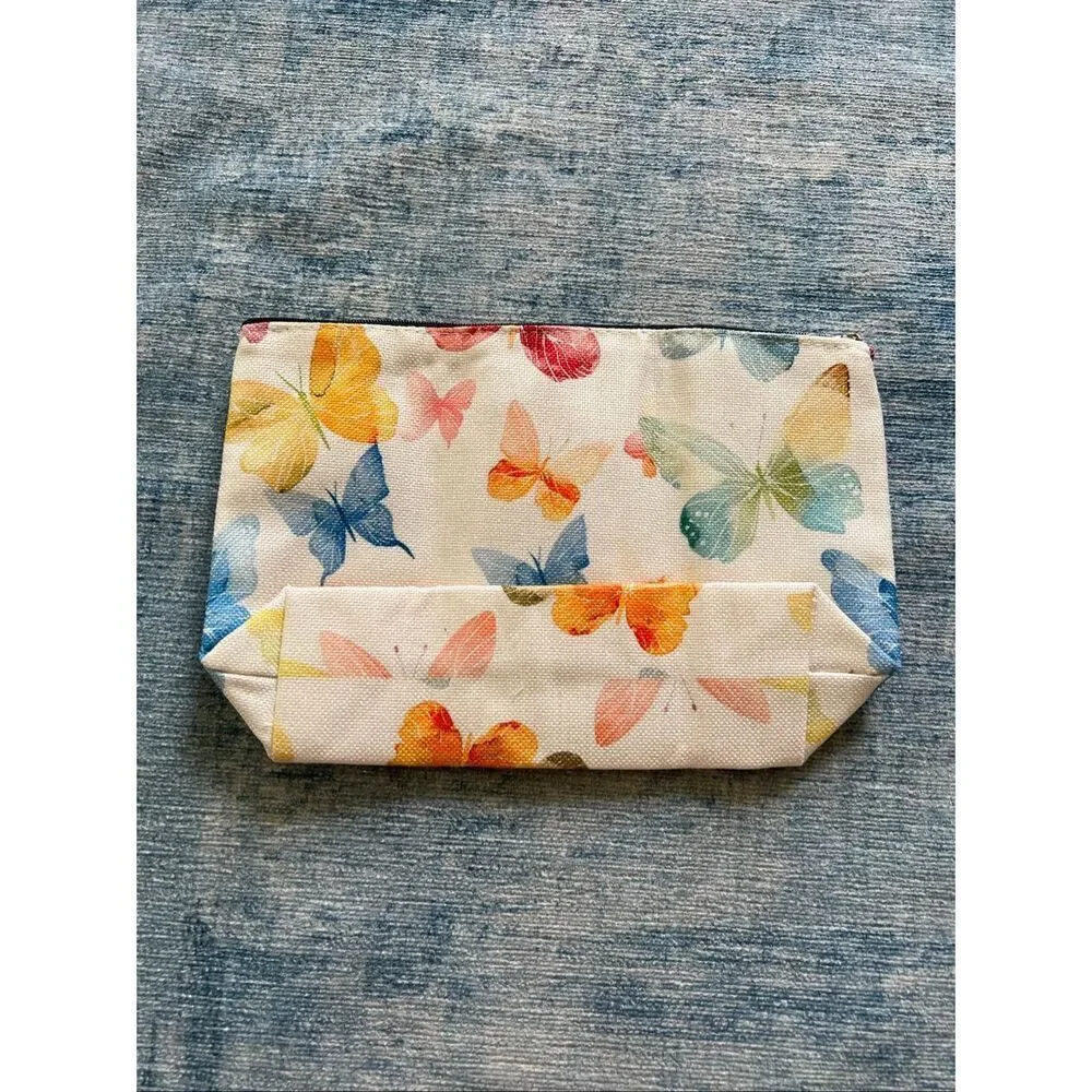 Rainbow Colors Butterflies Cotton Canvas Small Makeup Bag Travel Toiletry Pouch